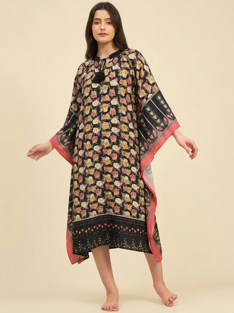 The Kaftan Company Kaftan Black Floral Print Kaftan with Patterned Border & Tassel Tie