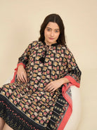 The Kaftan Company Kaftan Black Floral Print Kaftan with Patterned Border & Tassel Tie