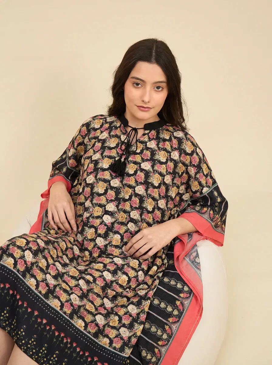 The Kaftan Company Kaftan Black Floral Print Kaftan with Patterned Border & Tassel Tie