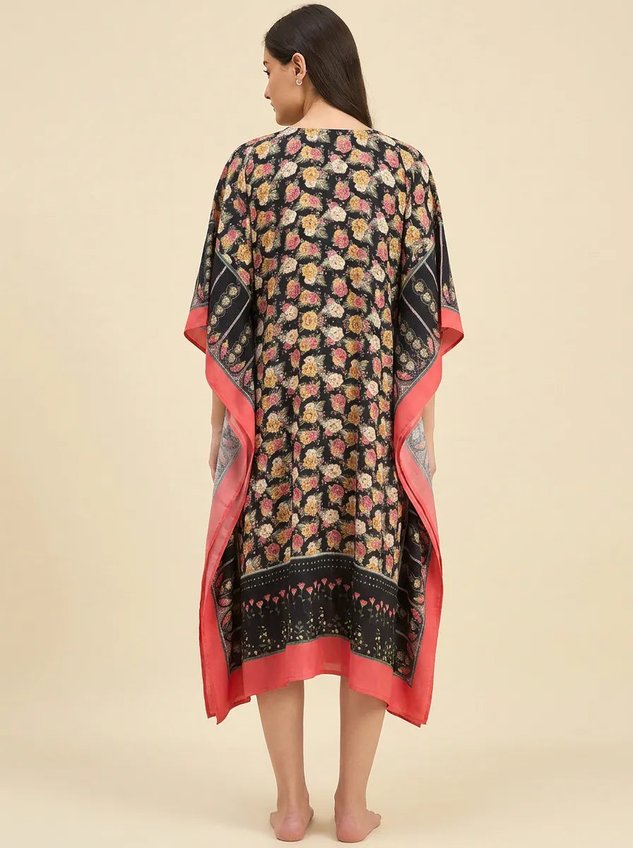 The Kaftan Company Kaftan Black Floral Print Kaftan with Patterned Border & Tassel Tie