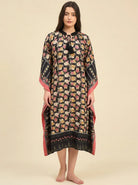 The Kaftan Company Kaftan Black Floral Print Kaftan with Patterned Border & Tassel Tie