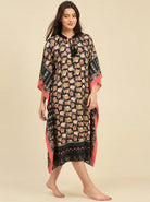 The Kaftan Company Kaftan Black Floral Print Kaftan with Patterned Border & Tassel Tie