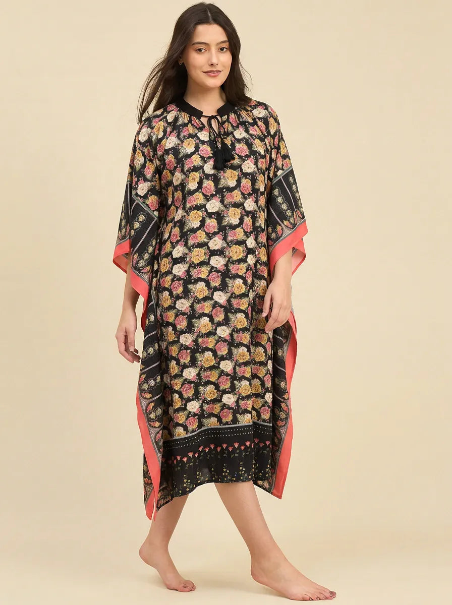 The Kaftan Company Kaftan Black Floral Print Kaftan with Patterned Border & Tassel Tie