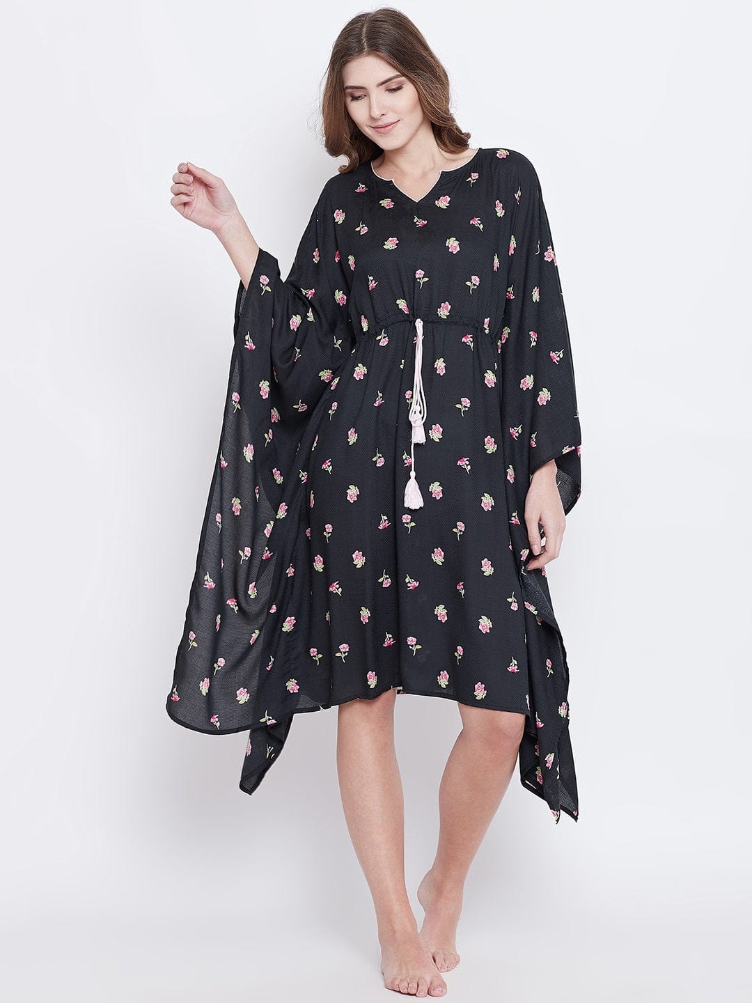 The Kaftan Company Kaftan Black Floral Print Loungewear Kaftan