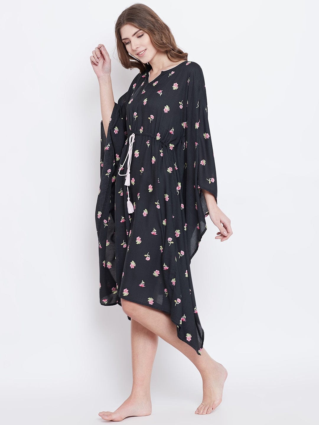 The Kaftan Company Kaftan Black Floral Print Loungewear Kaftan