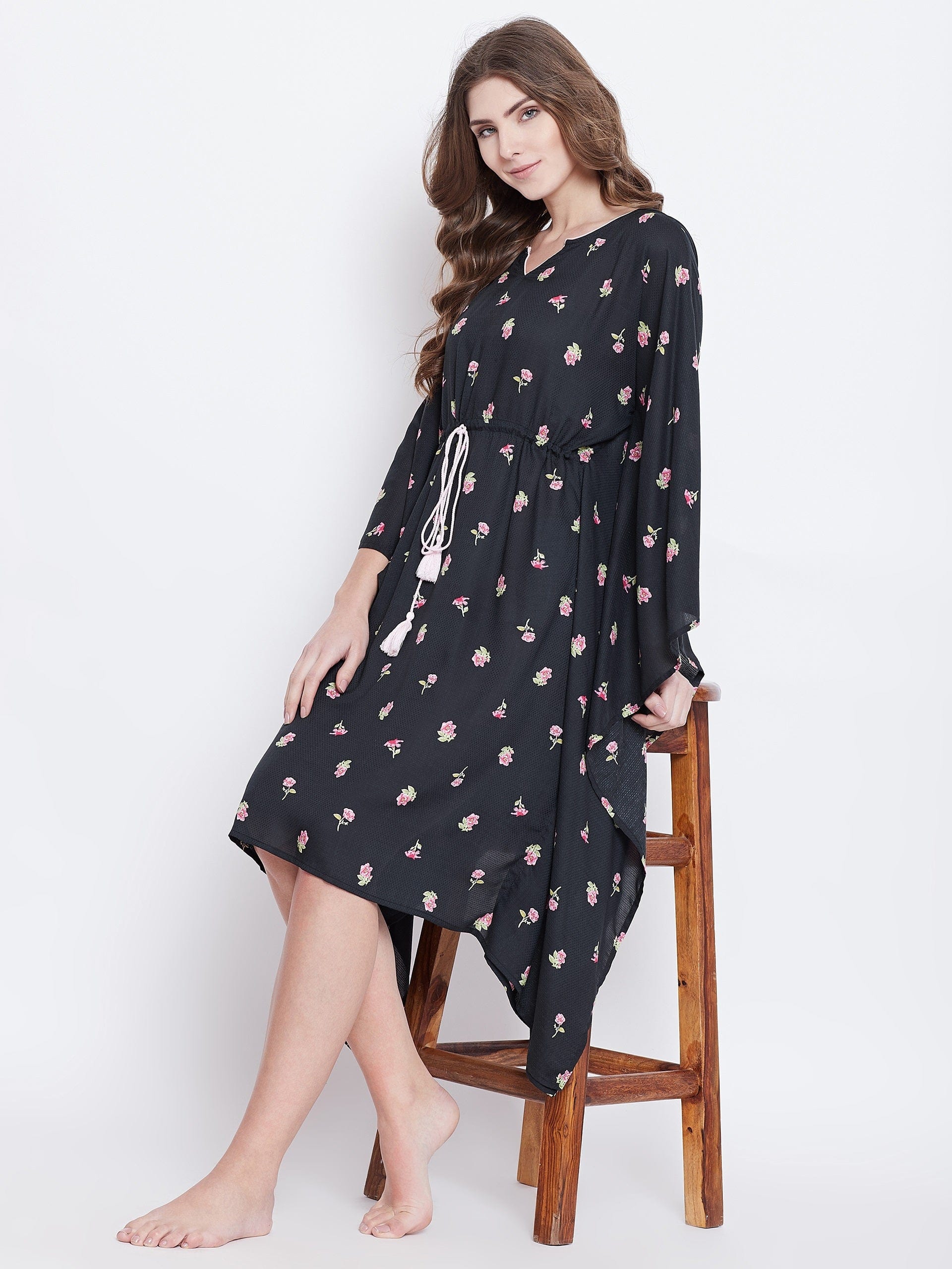 The Kaftan Company Kaftan Black Floral Print Loungewear Kaftan