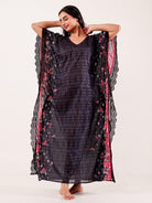 The Kaftan Company Kaftan Black Floral Printed Cotton Loungewear Kaftan