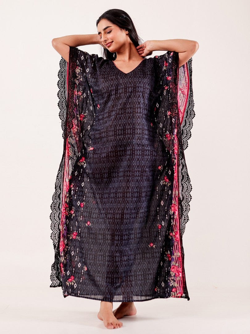 The Kaftan Company Kaftan Black Floral Printed Cotton Loungewear Kaftan