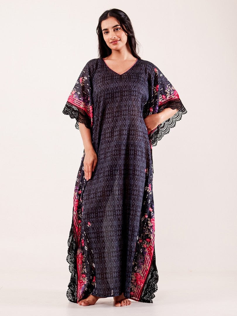 The Kaftan Company Kaftan Black Floral Printed Cotton Loungewear Kaftan