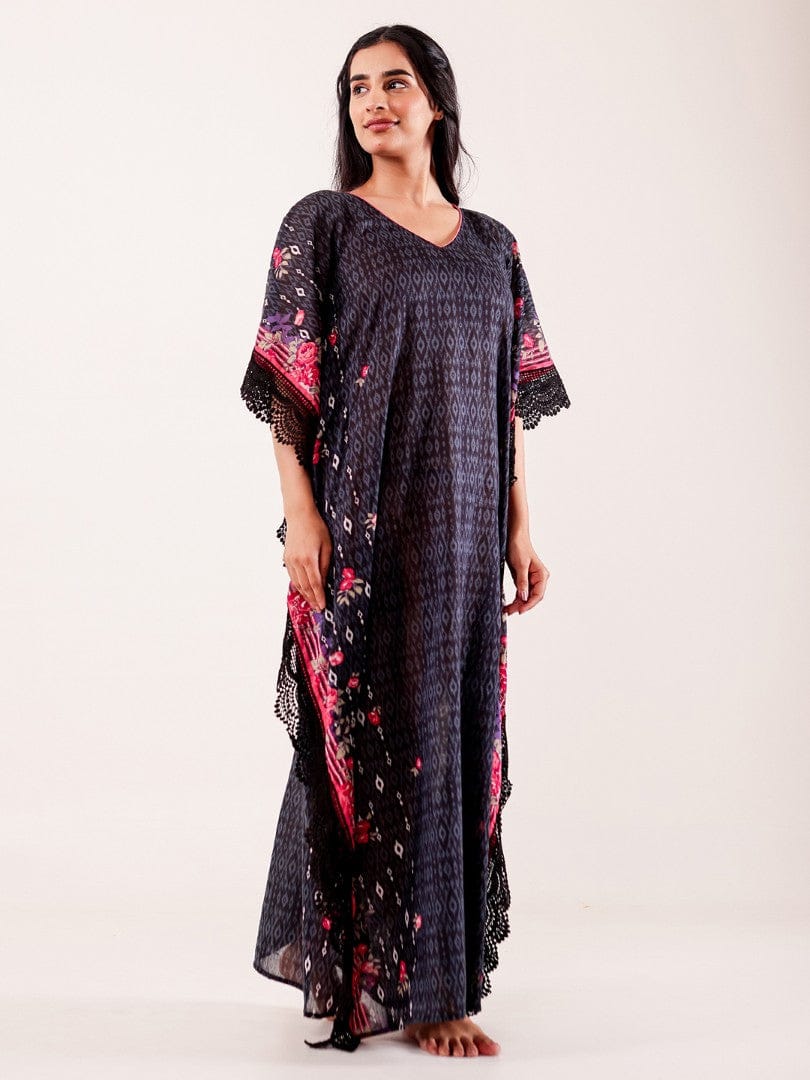 The Kaftan Company Kaftan Black Floral Printed Cotton Loungewear Kaftan