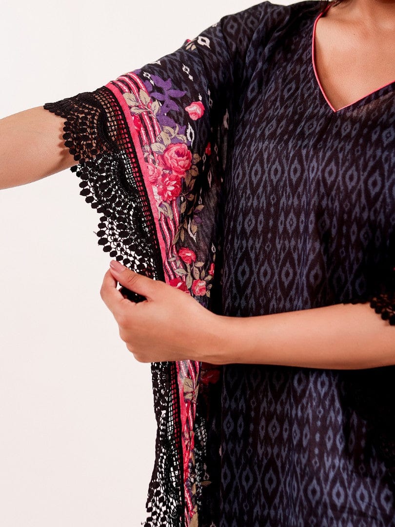 The Kaftan Company Kaftan Black Floral Printed Cotton Loungewear Kaftan