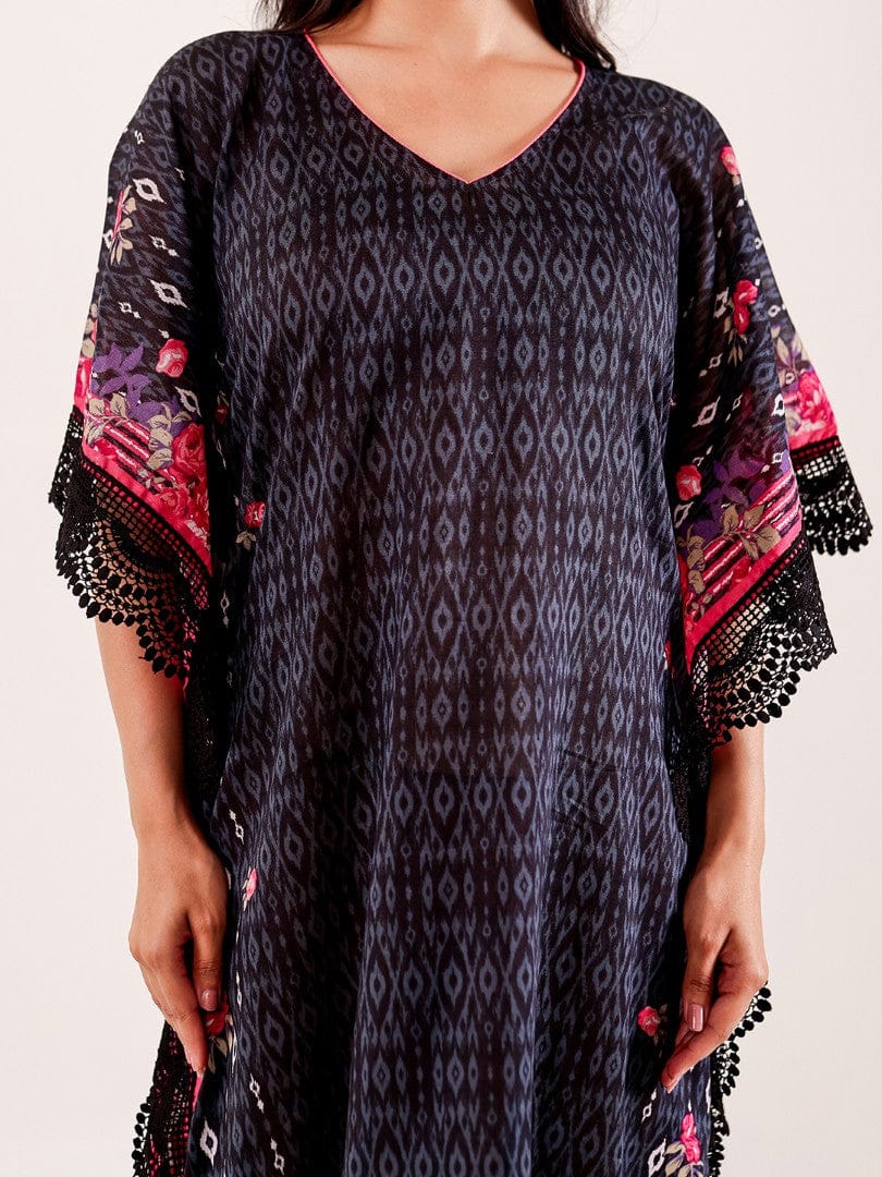 The Kaftan Company Kaftan Black Floral Printed Cotton Loungewear Kaftan