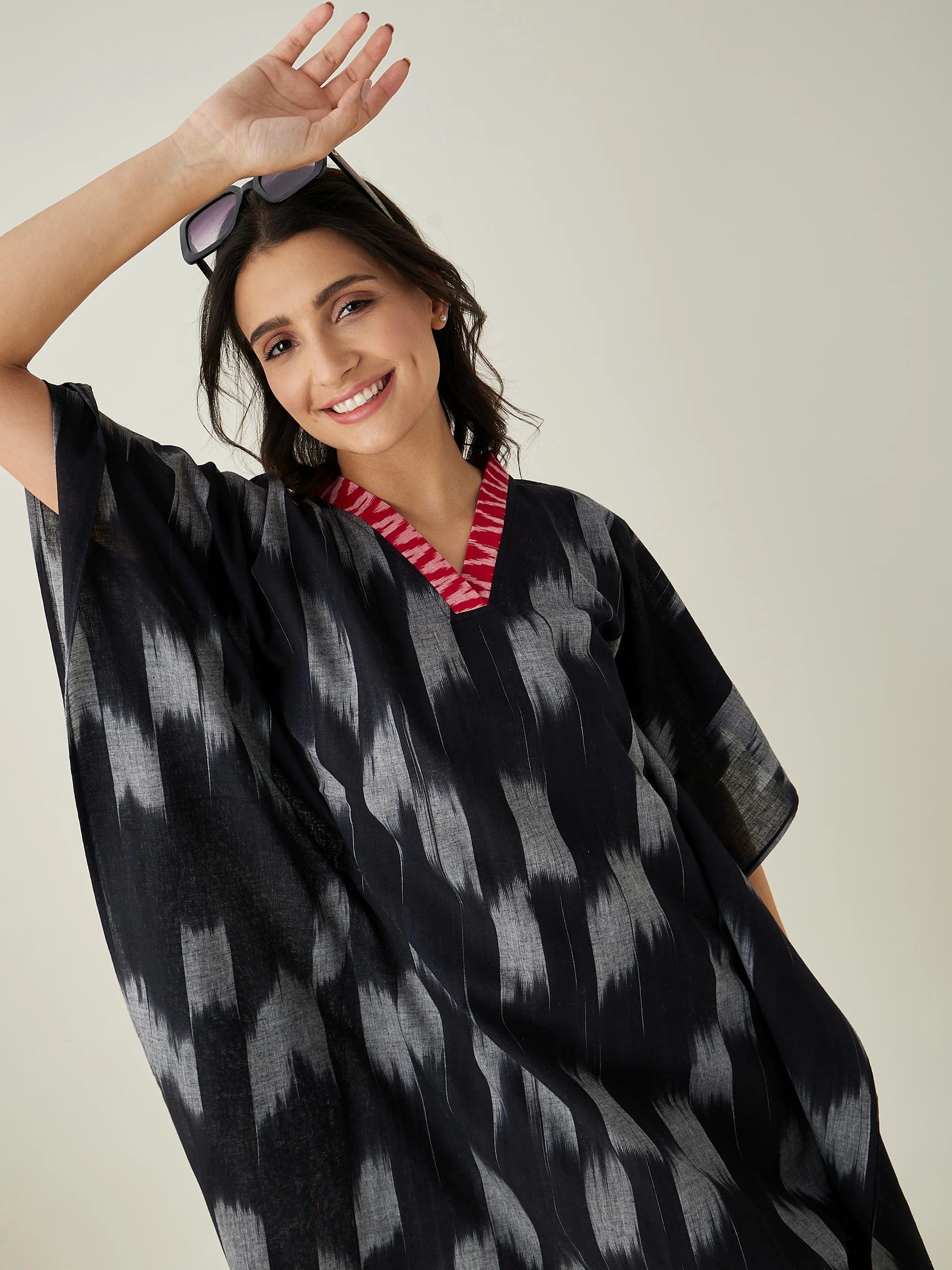The Kaftan Company Kaftan Black Handloom Ikat Weave Cotton Kaftan