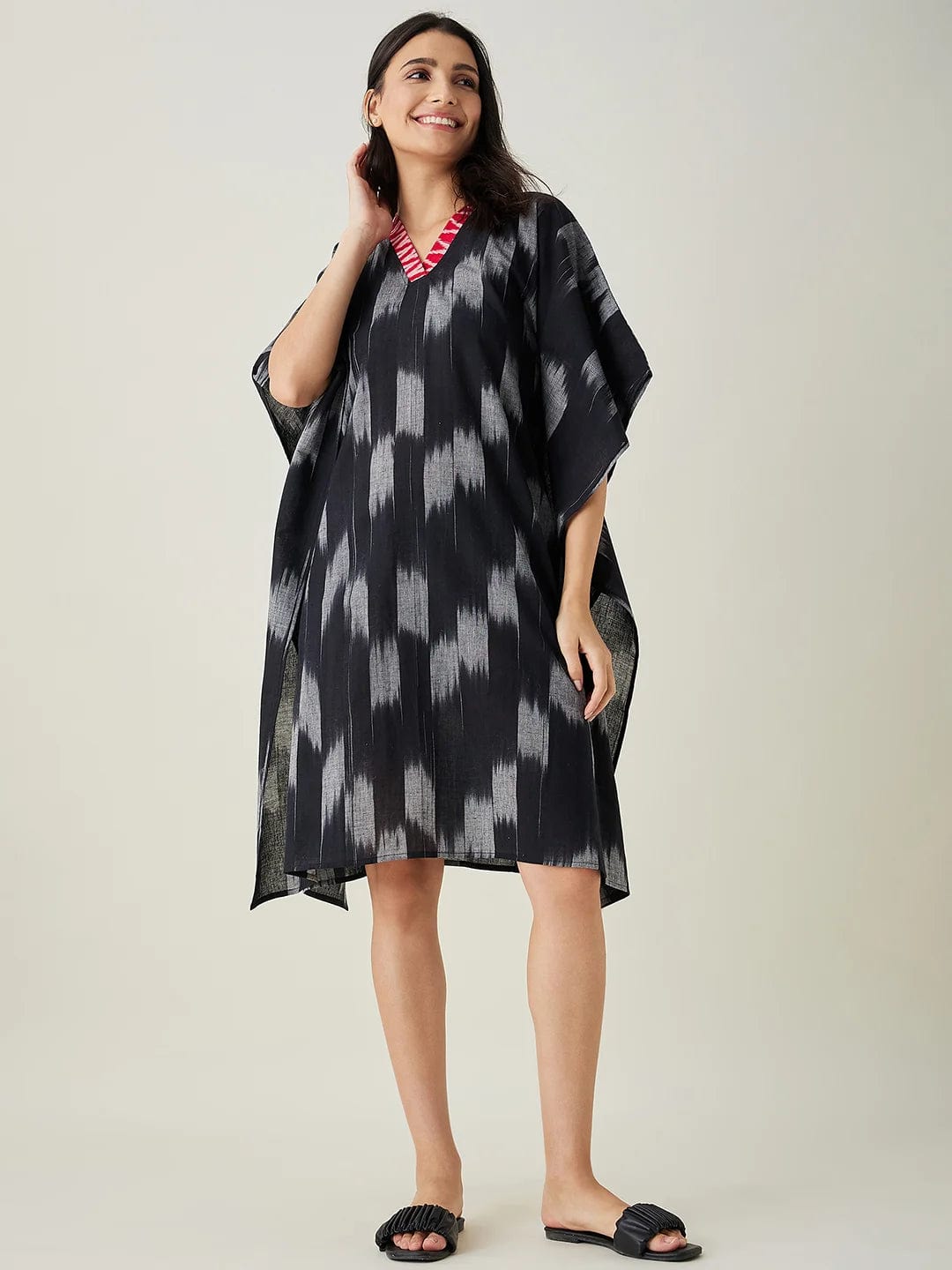 The Kaftan Company Kaftan Black Handloom Ikat Weave Cotton Kaftan