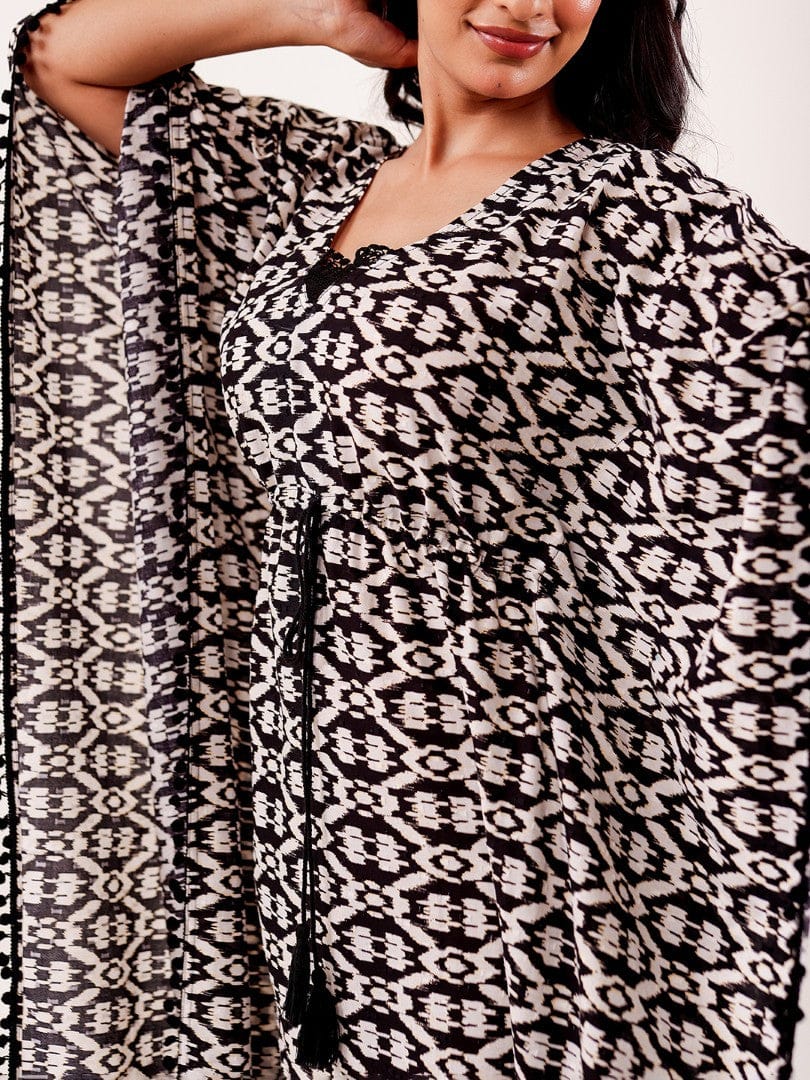 The Kaftan Company Kaftan Black & Ivory Ikat Printed Cotton Loungewear Kaftan
