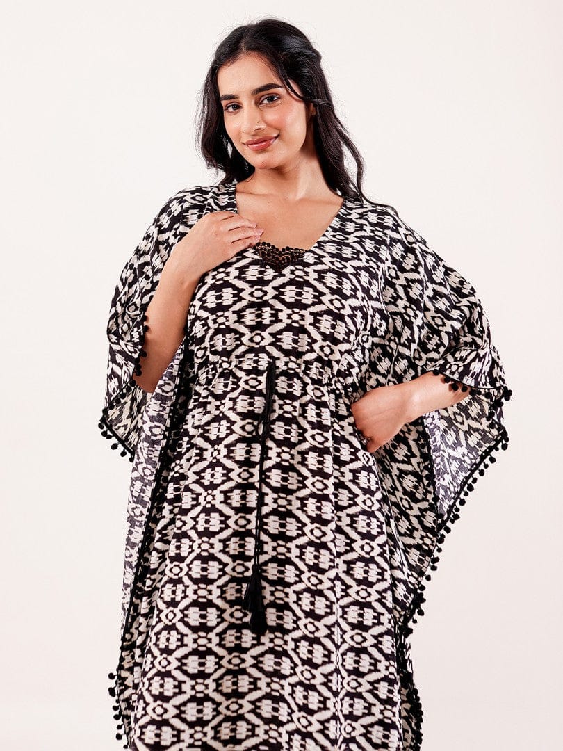 The Kaftan Company Kaftan Black & Ivory Ikat Printed Cotton Loungewear Kaftan