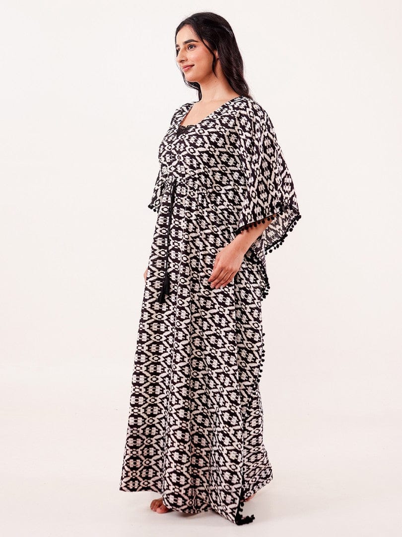 The Kaftan Company Kaftan Black & Ivory Ikat Printed Cotton Loungewear Kaftan