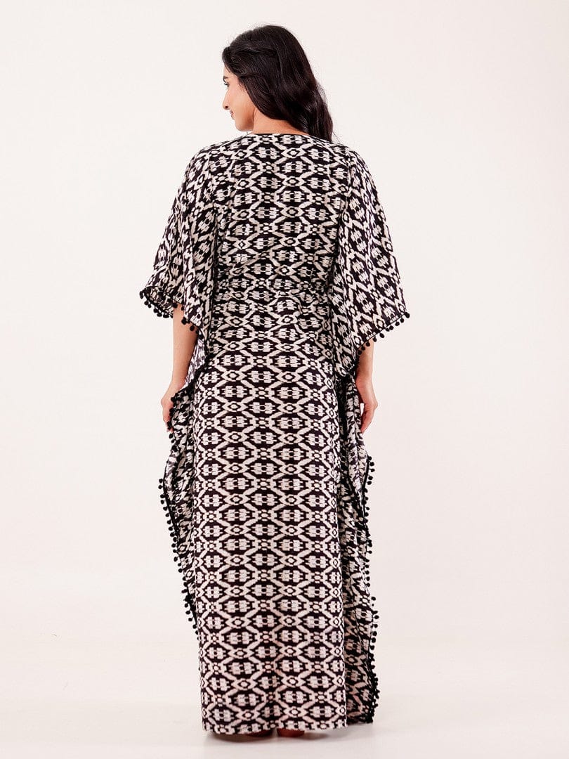The Kaftan Company Kaftan Black & Ivory Ikat Printed Cotton Loungewear Kaftan