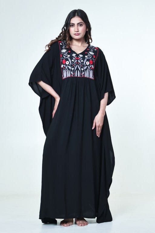 The Kaftan Company Kaftan Black Modal Loungewear Kaftan with Embroidered Floral Yoke