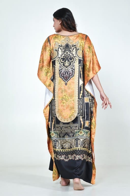 The Kaftan Company Kaftan Black & Mustard Ornate Printed Satin Kaftan with Pockets