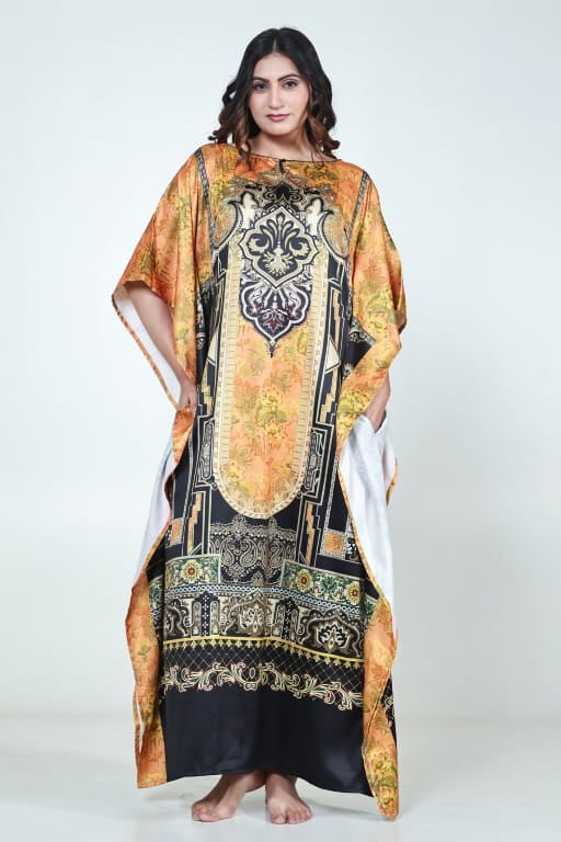 The Kaftan Company Kaftan Black & Mustard Ornate Printed Satin Kaftan with Pockets