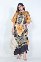 The Kaftan Company Kaftan Black & Mustard Ornate Printed Satin Kaftan with Pockets