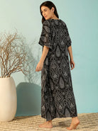 The Kaftan Company Kaftan Black Ornamental Print Cotton Kaftan with Round Neck