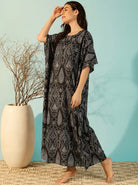 The Kaftan Company Kaftan Black Ornamental Print Cotton Kaftan with Round Neck