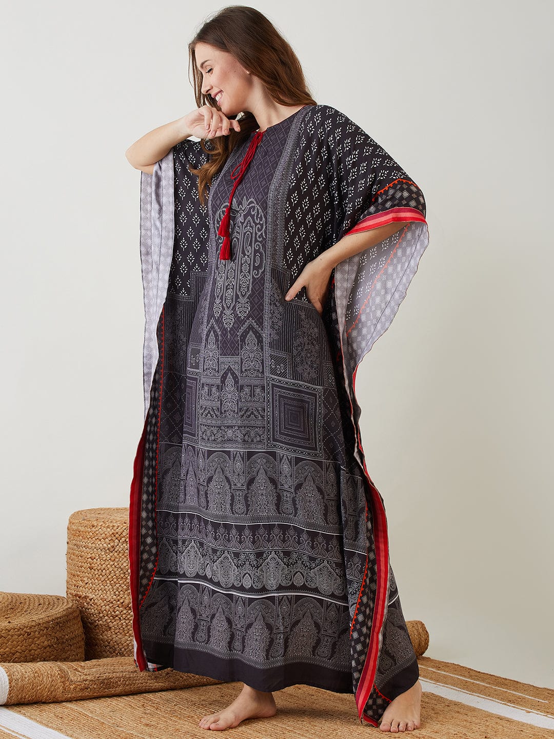 The Kaftan Company Kaftan Black & Red Block Printed Kaftan