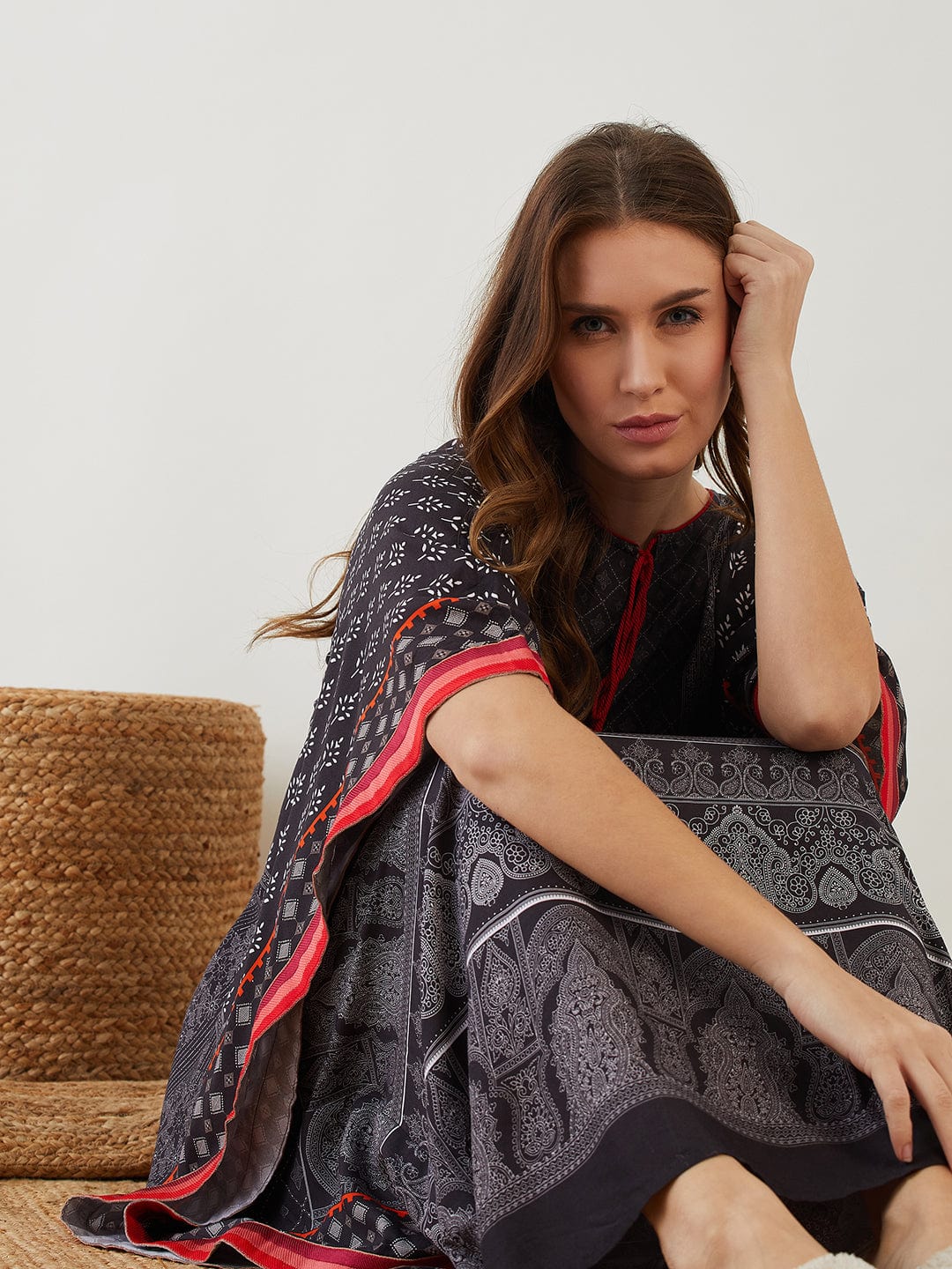 The Kaftan Company Kaftan Black & Red Block Printed Kaftan