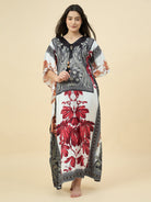 The Kaftan Company Kaftan Black & Red Printed Satin Kaftan – Luxe Feel with Pockets