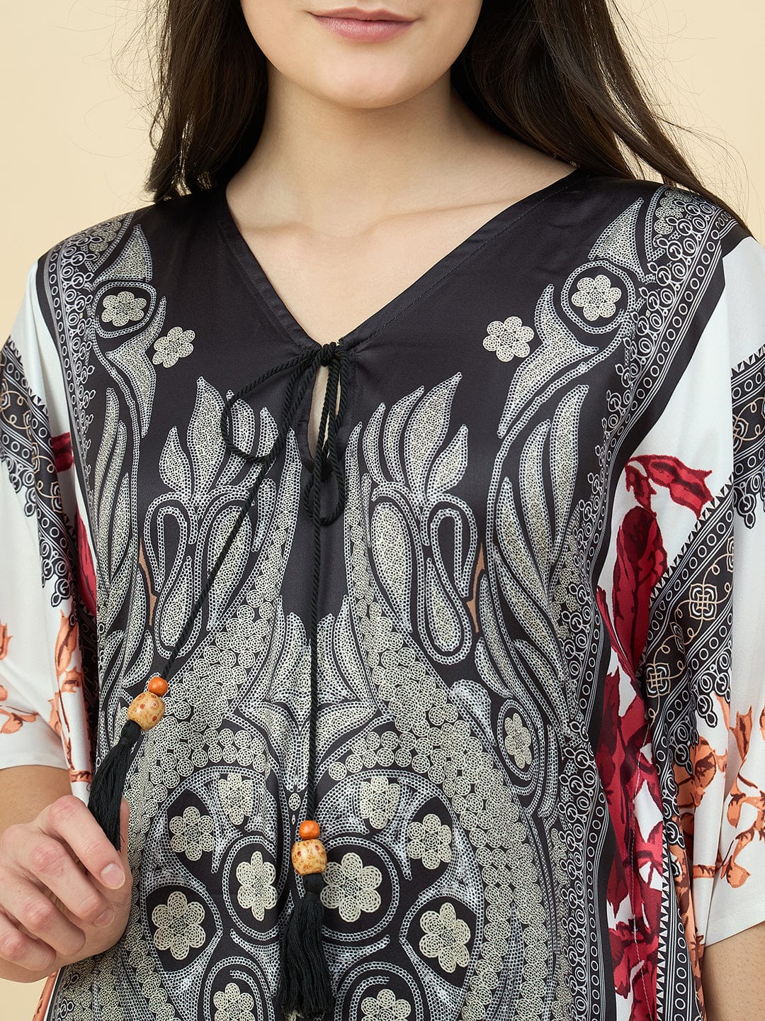 The Kaftan Company Kaftan Black & Red Printed Satin Kaftan – Luxe Feel with Pockets