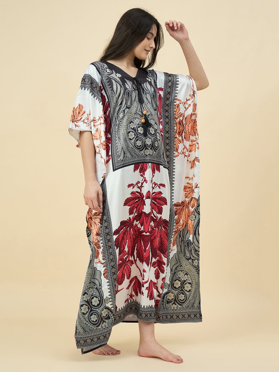 The Kaftan Company Kaftan Black & Red Printed Satin Kaftan – Luxe Feel with Pockets