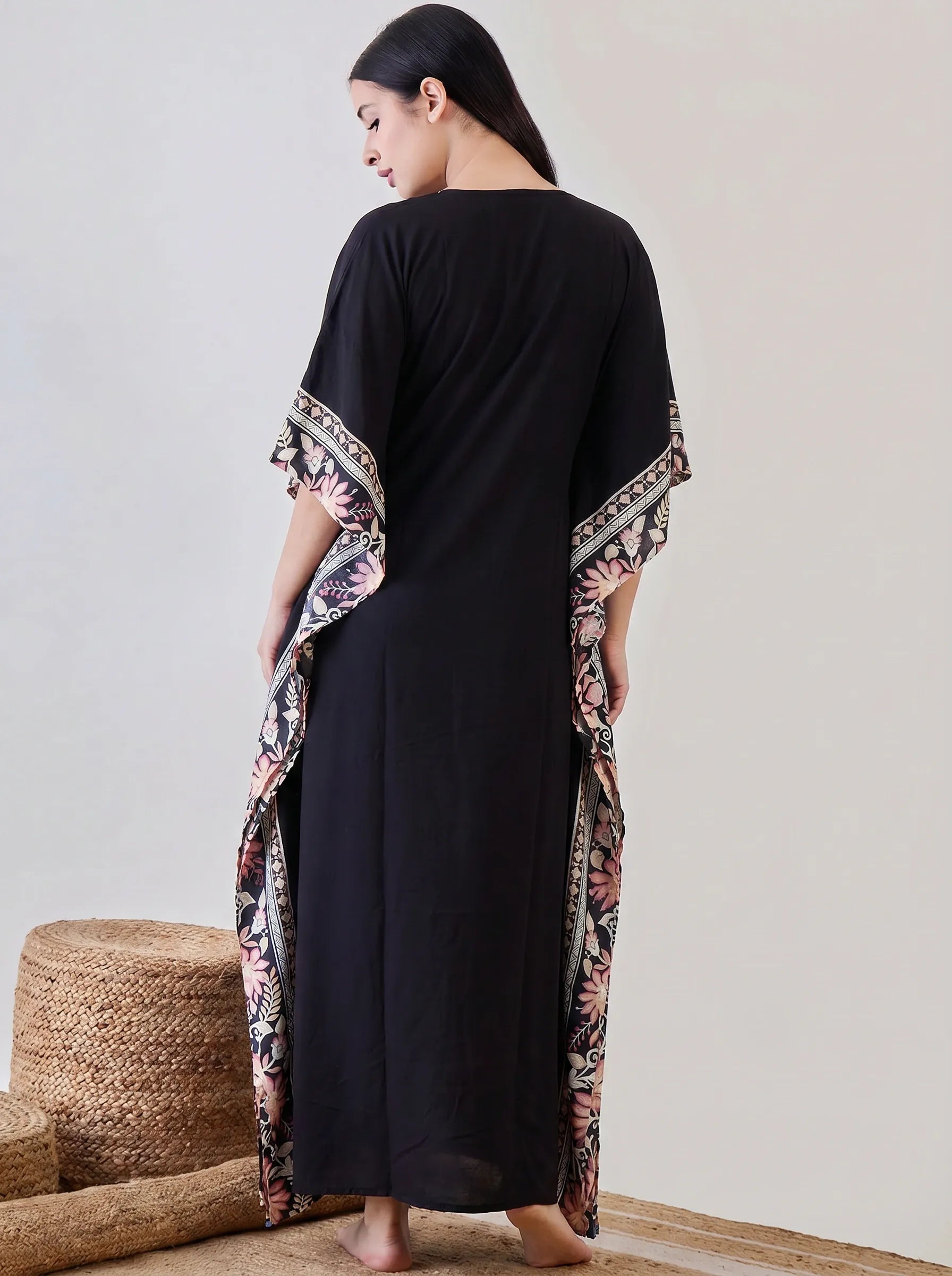 The Kaftan Company Kaftan Black Solid Modal Kaftan with Floral Border Panels