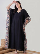The Kaftan Company Kaftan Black Solid Modal Kaftan with Floral Border Panels