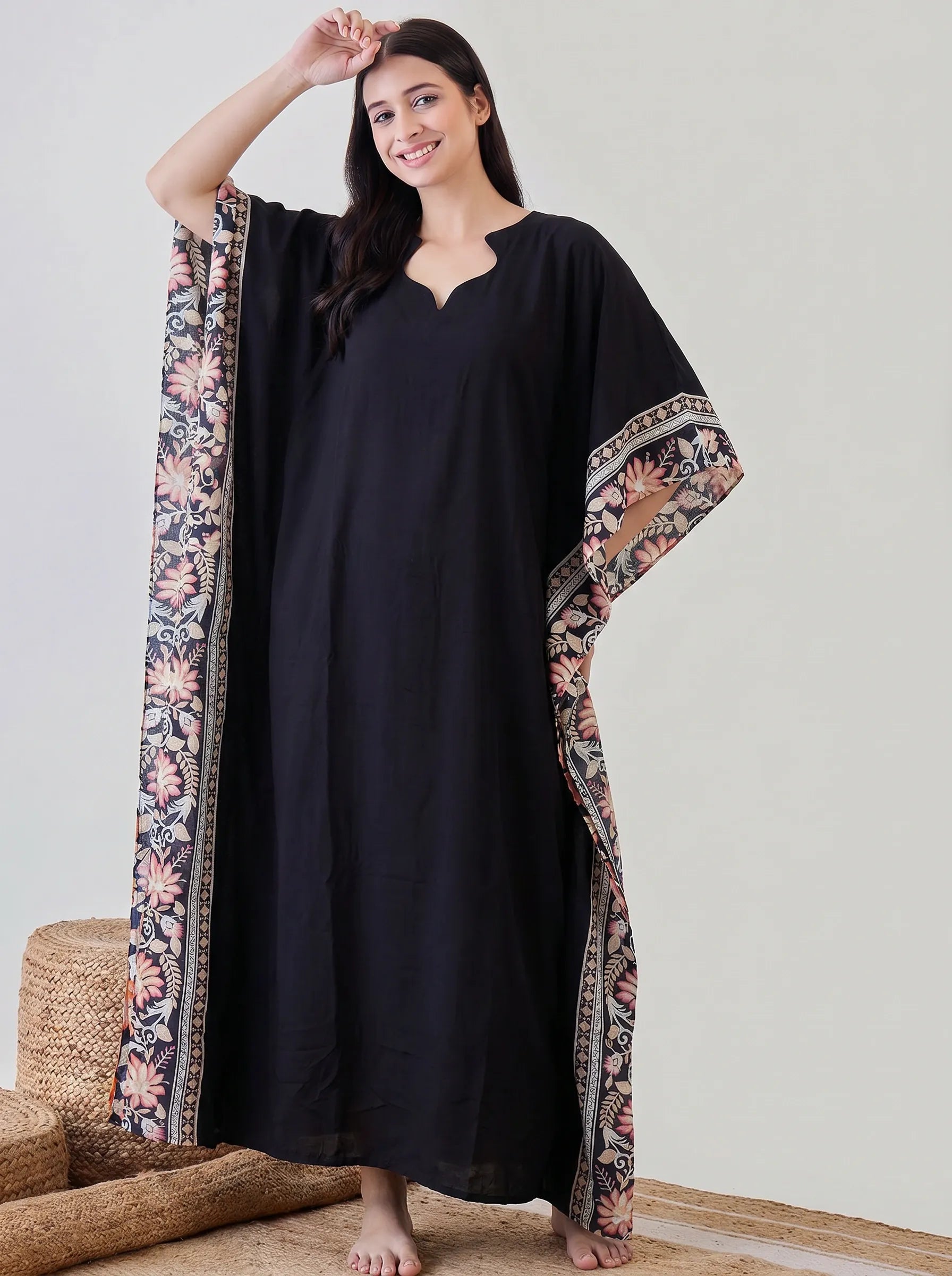 The Kaftan Company Kaftan Black Solid Modal Kaftan with Floral Border Panels
