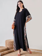 The Kaftan Company Kaftan Black Solid Modal Kaftan with Floral Border Panels