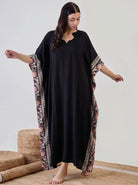 The Kaftan Company Kaftan Black Solid Modal Kaftan with Floral Border Panels