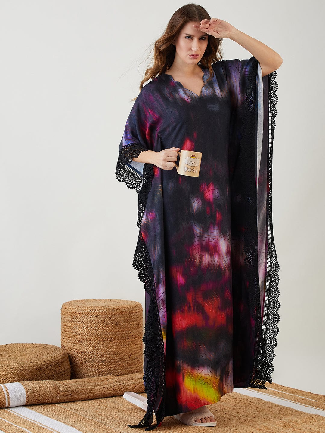 The Kaftan Company Kaftan Black Tie-Dye Spiral Digital Printed Kaftan