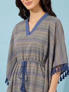 The Kaftan Company Kaftan Blue & Beige Striped Handloom Cotton Kaftan with Tassel Trim