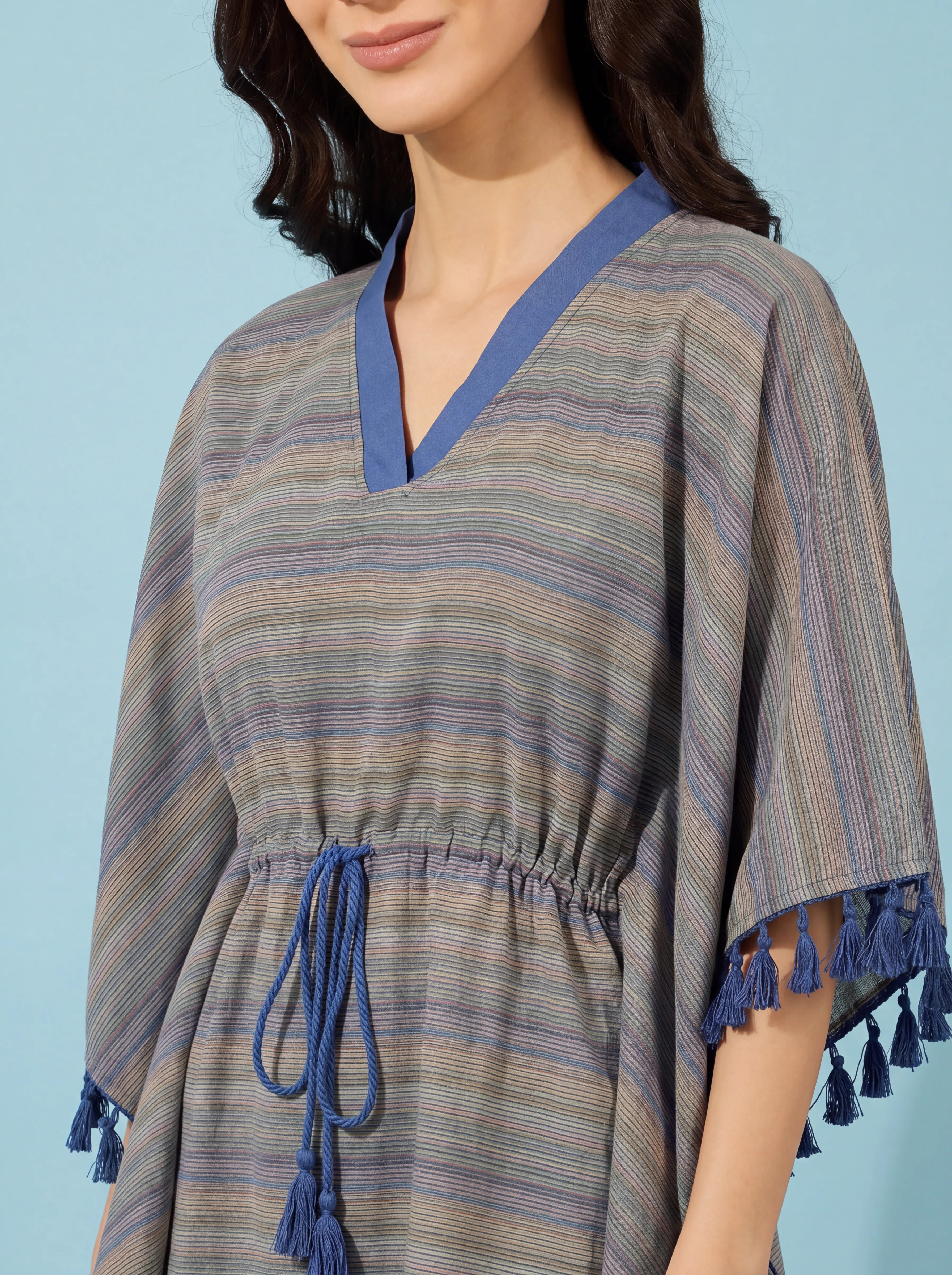 The Kaftan Company Kaftan Blue & Beige Striped Handloom Cotton Kaftan with Tassel Trim