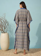 The Kaftan Company Kaftan Blue & Beige Striped Handloom Cotton Kaftan with Tassel Trim