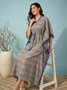 The Kaftan Company Kaftan Blue & Beige Striped Handloom Cotton Kaftan with Tassel Trim