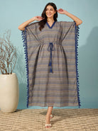 The Kaftan Company Kaftan Blue & Beige Striped Handloom Cotton Kaftan with Tassel Trim