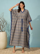 The Kaftan Company Kaftan Blue & Beige Striped Handloom Cotton Kaftan with Tassel Trim