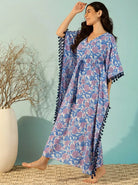The Kaftan Company Kaftan Blue Floral Cotton Kaftan with Pom-Pom Trim and Waist Tie