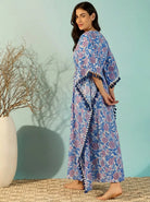 The Kaftan Company Kaftan Blue Floral Cotton Kaftan with Pom-Pom Trim and Waist Tie
