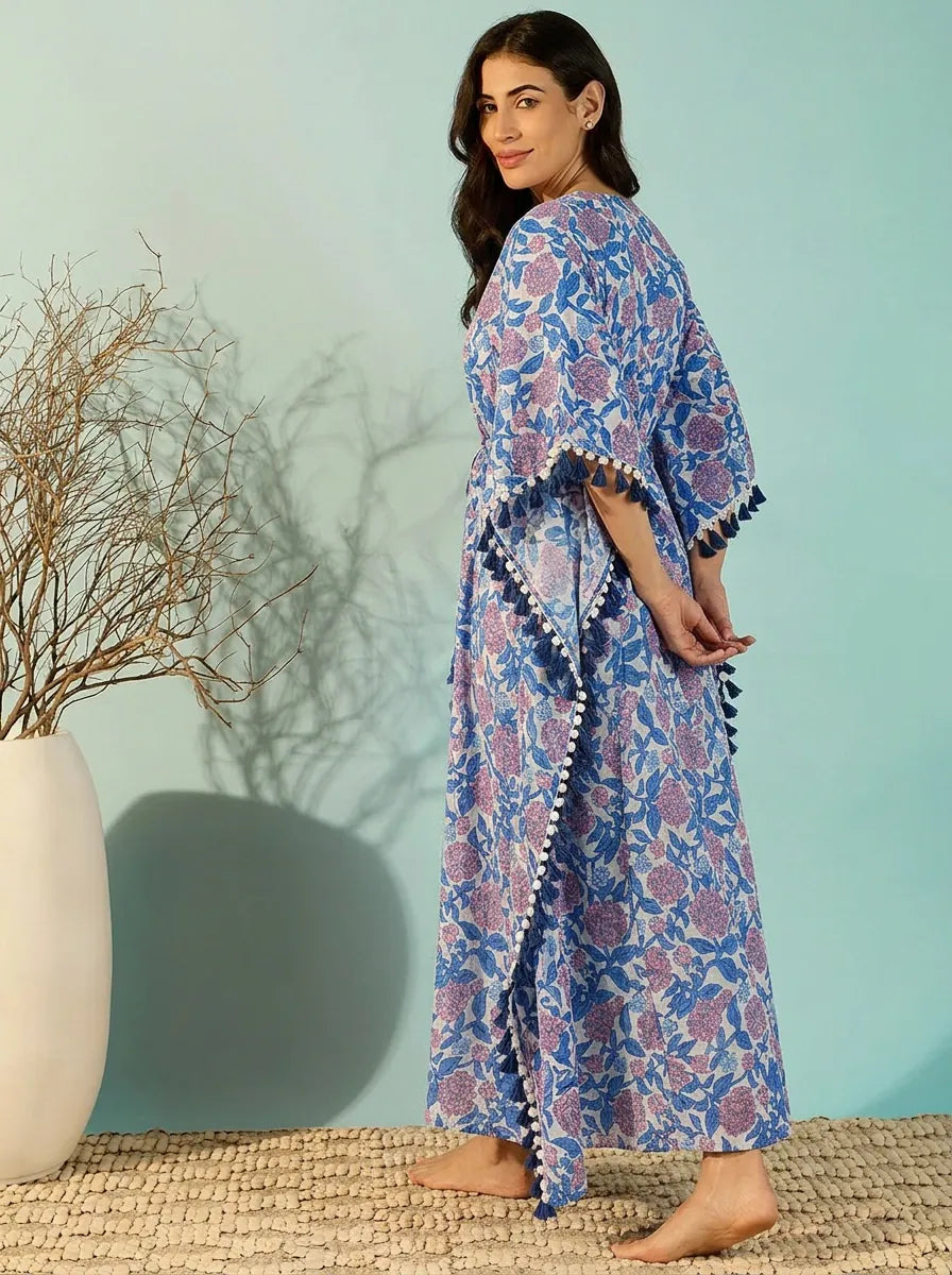 The Kaftan Company Kaftan Blue Floral Cotton Kaftan with Pom-Pom Trim and Waist Tie