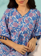 The Kaftan Company Kaftan Blue Floral Cotton Kaftan with Pom-Pom Trim and Waist Tie