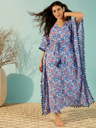 The Kaftan Company Kaftan Blue Floral Cotton Kaftan with Pom-Pom Trim and Waist Tie